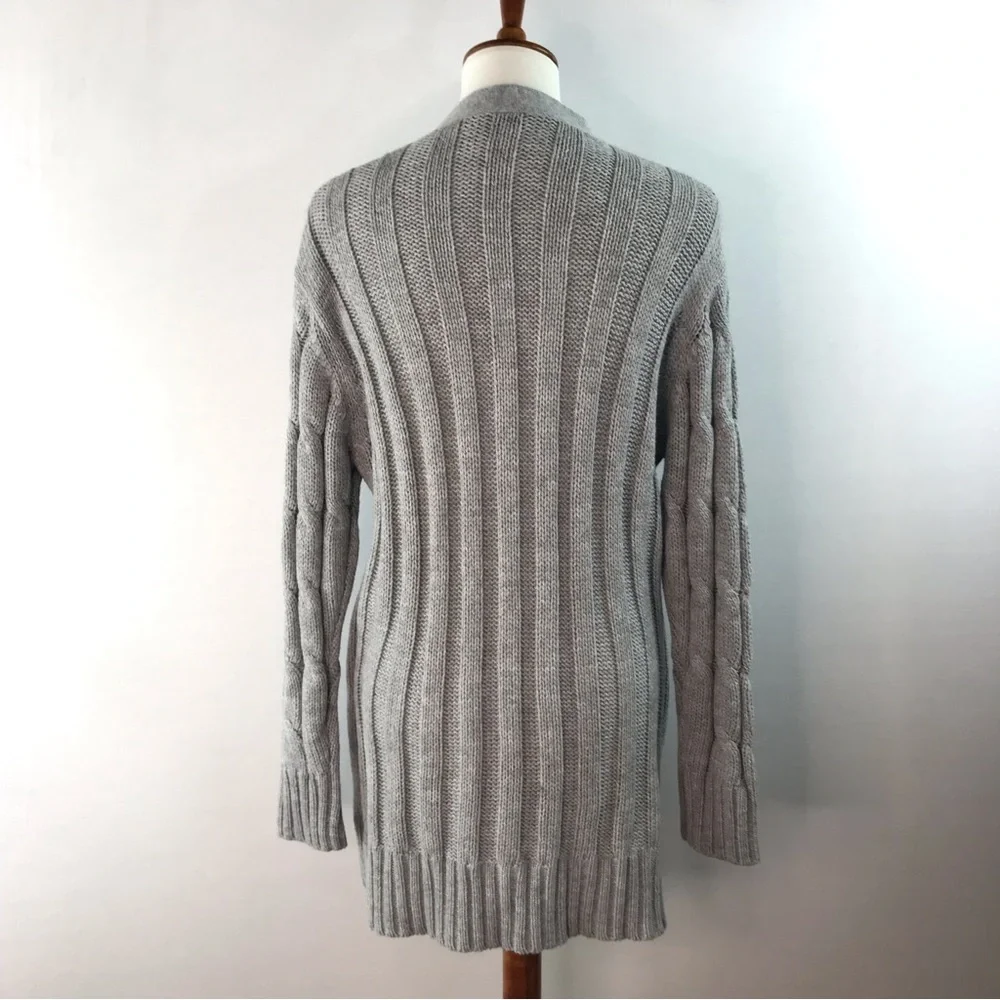 Women's Grey V-Neck Pocket Cable Knit Long Cardigan Button Down Sweater Size XXL